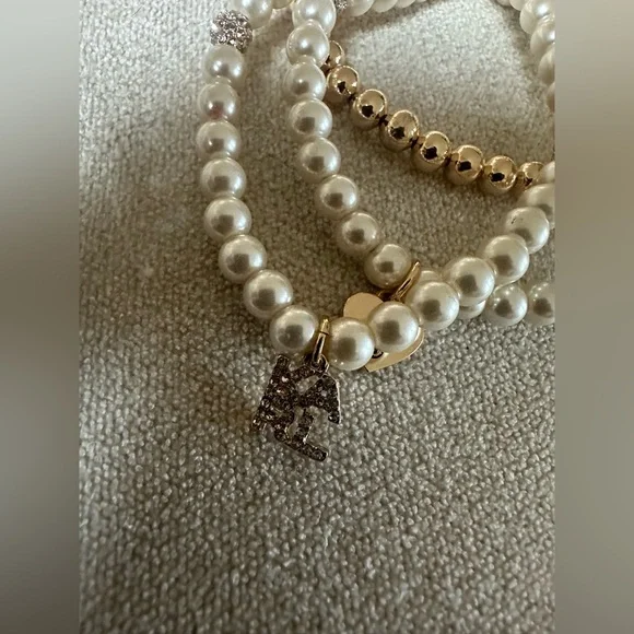 Karl Lagerfeld Faux Pearl & Gold tone 3pc Stretch Charmed Bracelet Set NWT - Picture 3 of 10